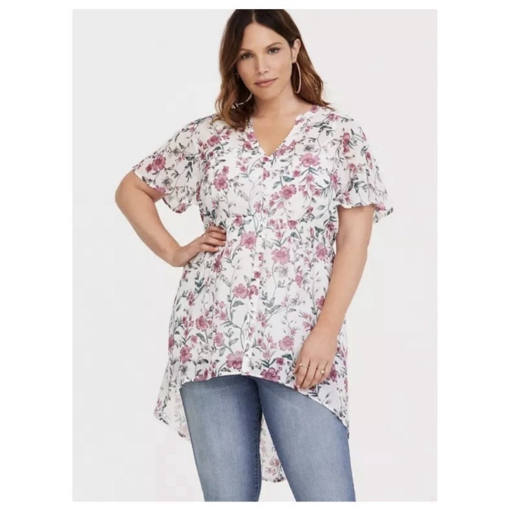 Torrid Lexie Pink Floral Babydoll‎ Chiffon Button Short Sleeve Hi Low Tunic 1X